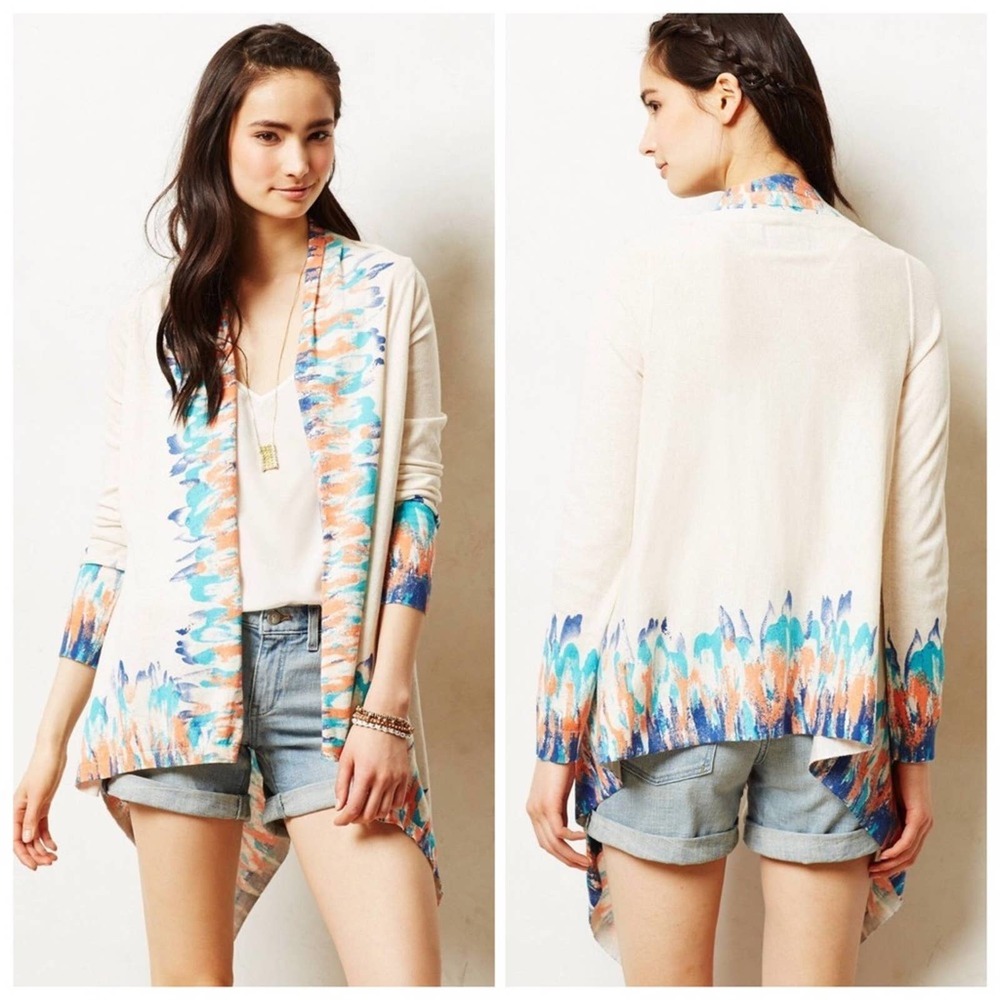 Guinevere Of Anthropologie Beige Blue & Orange Open Long Cardigan